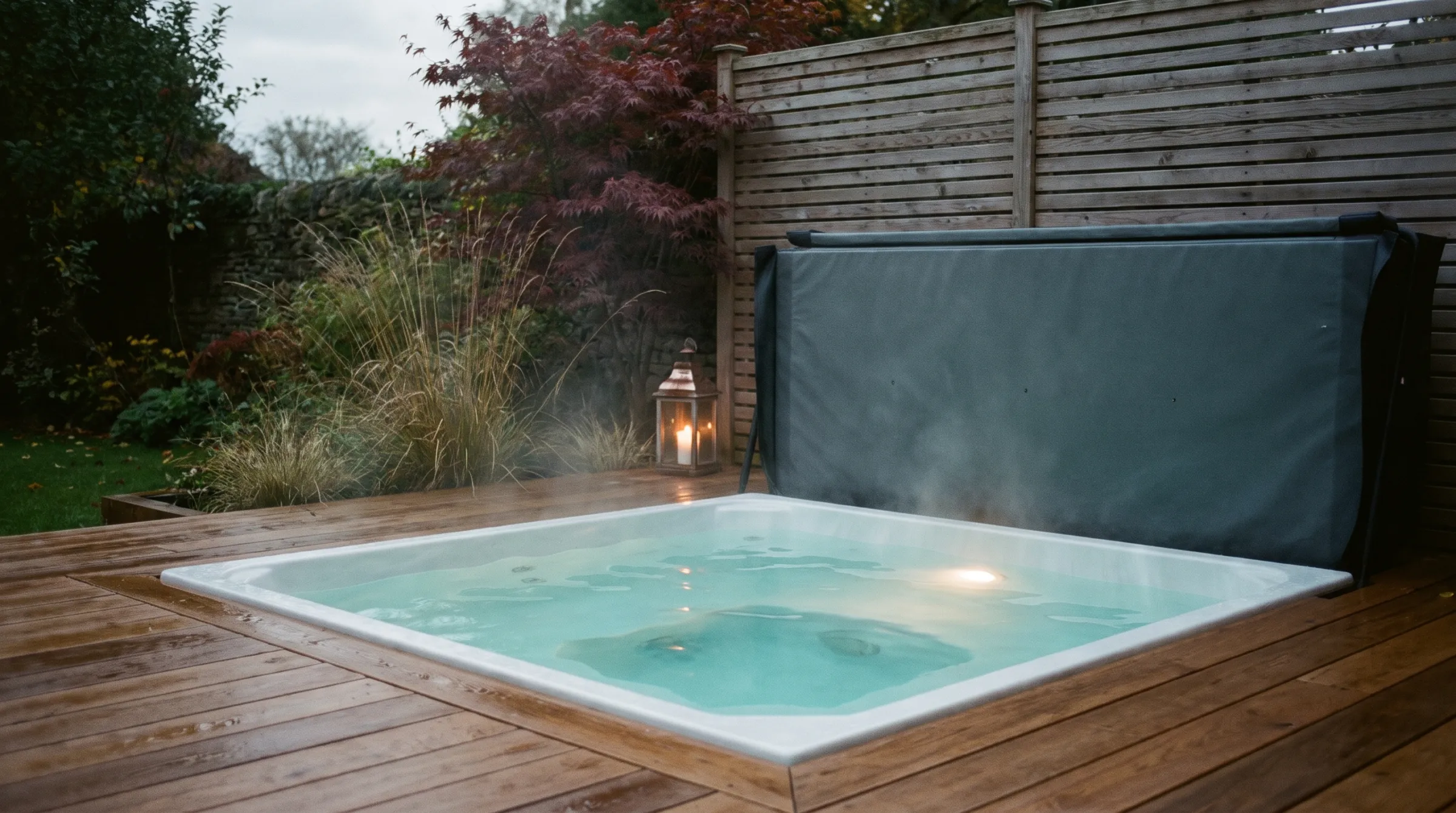 A square hot tub set into a cedar deck at dusk, steam rising beside a Japanese maple and a glowing lantern.